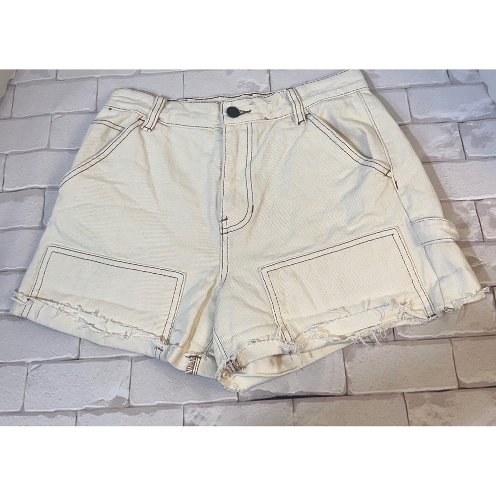 PacSun Women Cream Contrast Stitch Carpenter Denim Shorts Off White Size‎ 27